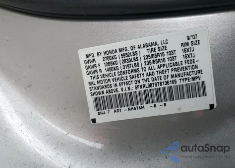 2007 Honda Odyssey Exl from USA, damaged, VIN 5FNRL38797B136169